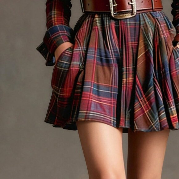 Brown Elegant Women's Plaid Shirt Dress with Cinched Waist - Picture 3 of 5